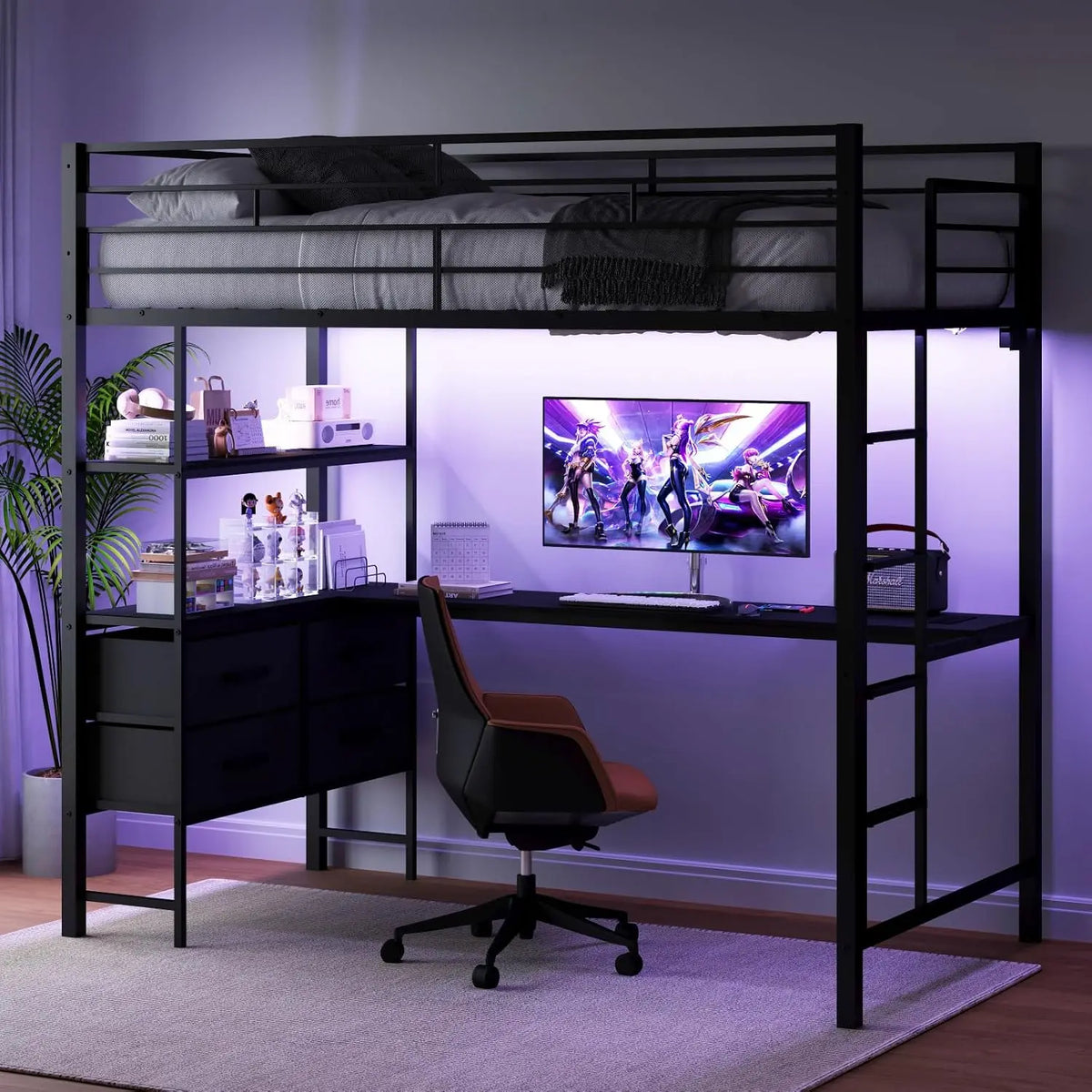 VINGLI Full Metal Loft Bed Frame with L-Shaped Desk - 15 Inch Guardrail, Non-Slip Ladder, 2 Charging Stations, Storage Shelves/4 Drawers/LED Lights
