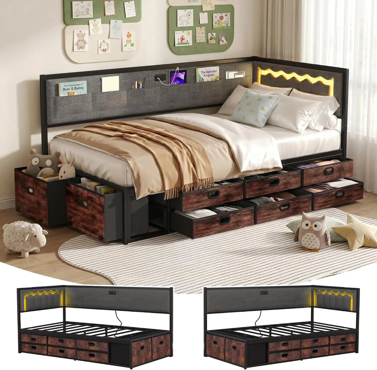 Twin Daybed with Storage - Corner Bed with 8 Fabric Drawers, Gray