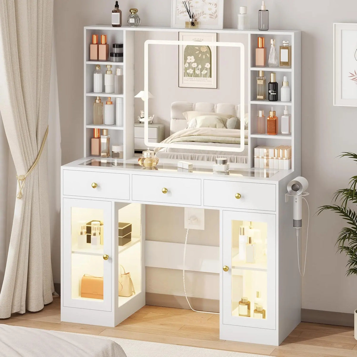 White Vanity Desk with Mirror and Lights - Glass Top Vanity with Lighted Mirror & RGB Cabinet and 3 Drawers, Dressing Table with 8 Shelves