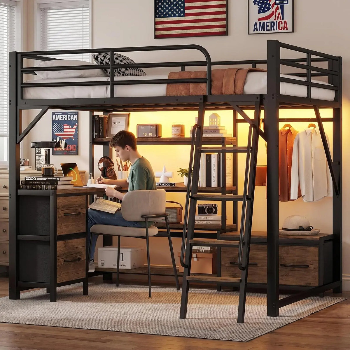 Full Size Loft Bed with Desk & Storage Drawers/Shelves - Metal Loft Beds Frame with RGB LED Lights, Charging Station, Black