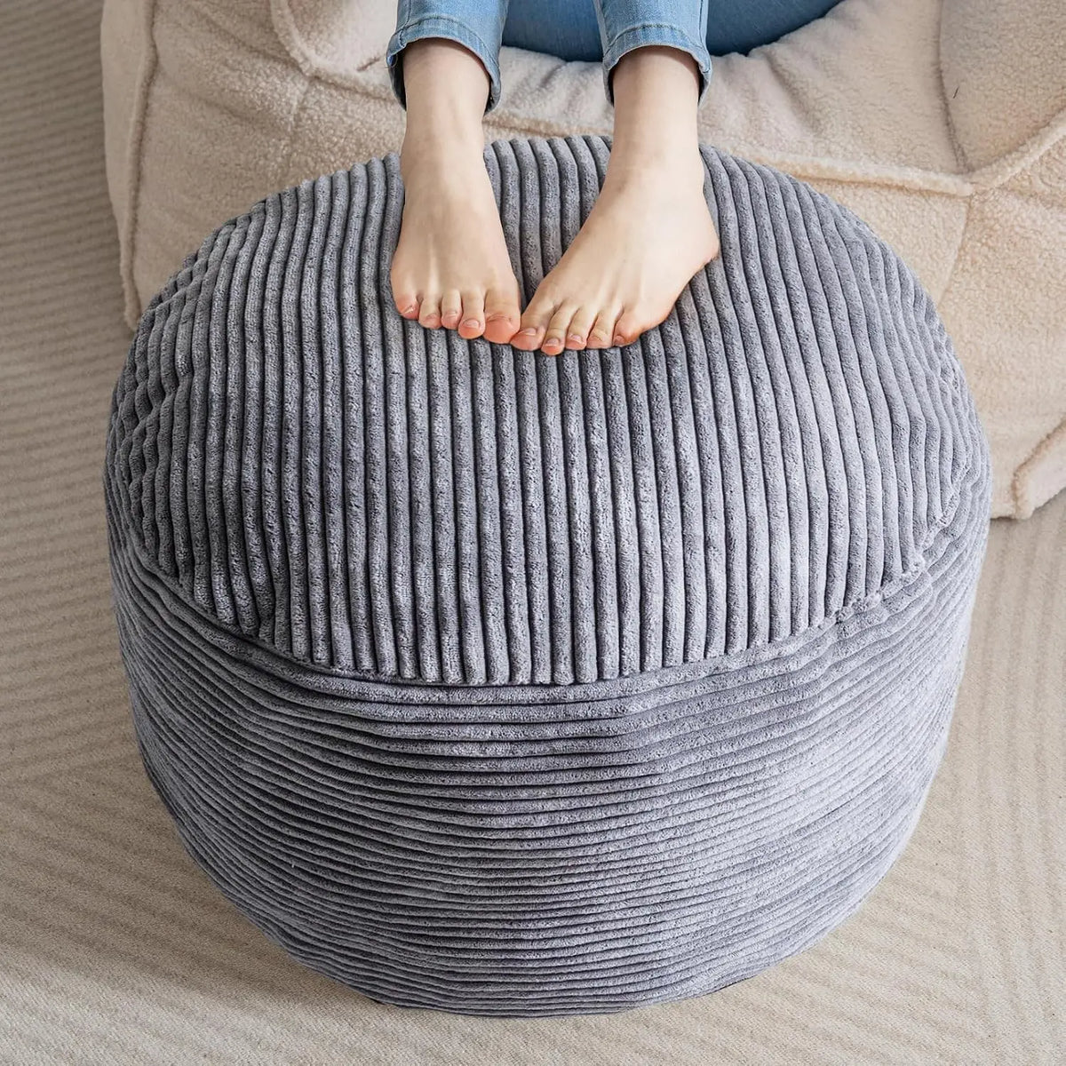 HIGOGOGO Round Stuffed Pouf Ottoman - Corduroy Poufs with Foam Chunk Filling, Furry and Fluffy Pouf Foot Stool Storage Ottoman, Dark Gray