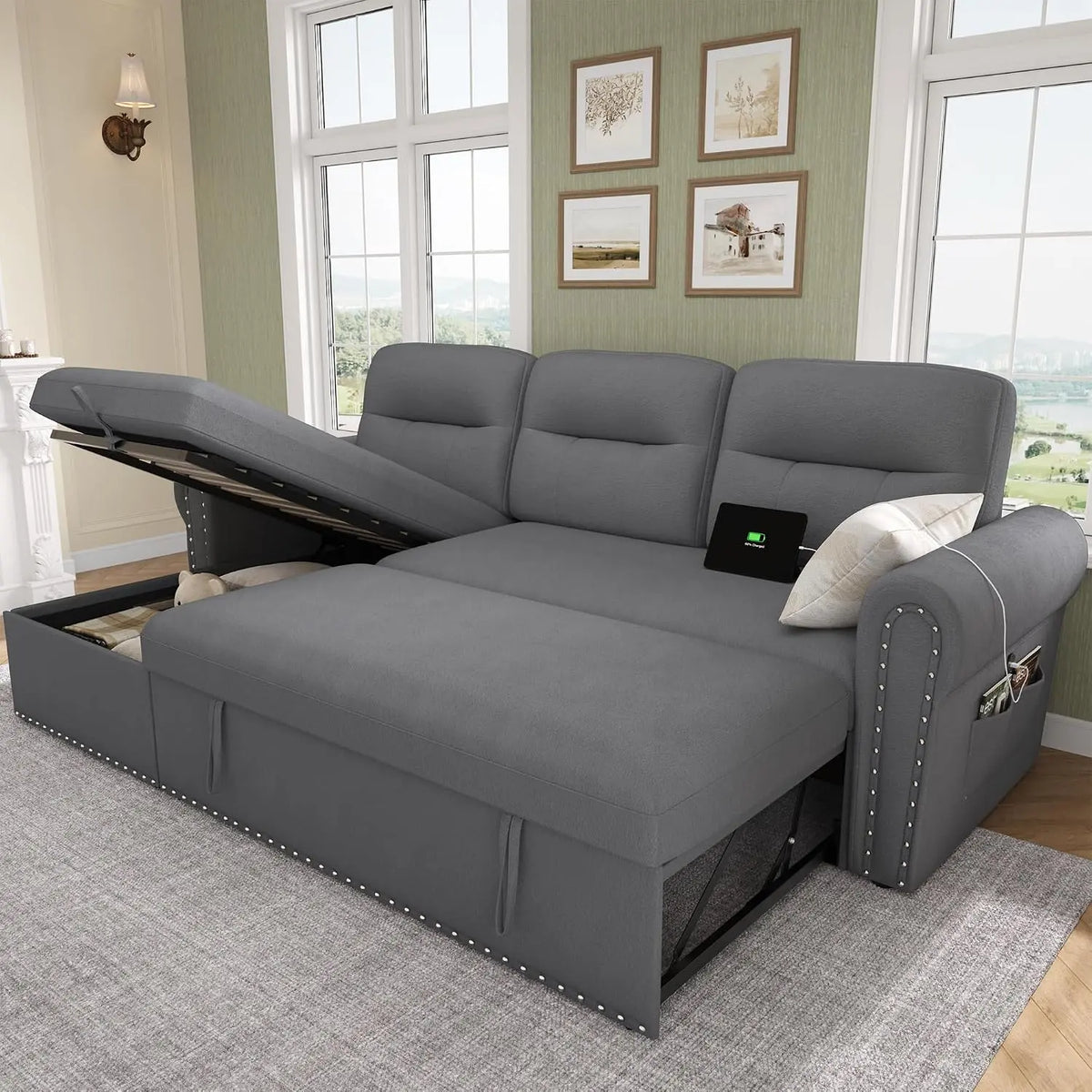 Sleeper Sofa Bed - 83'' Sectional Couch with Reversible Storage Chaise & Nailhead Armrest, Pull Out Couches for Living Room, Removable Backrest