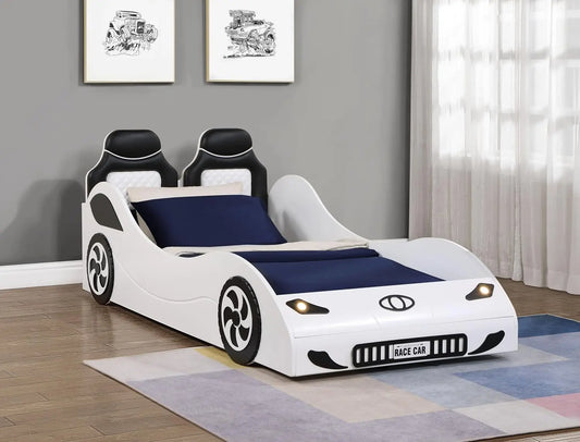 White Finish Twin Car Bed - With LED