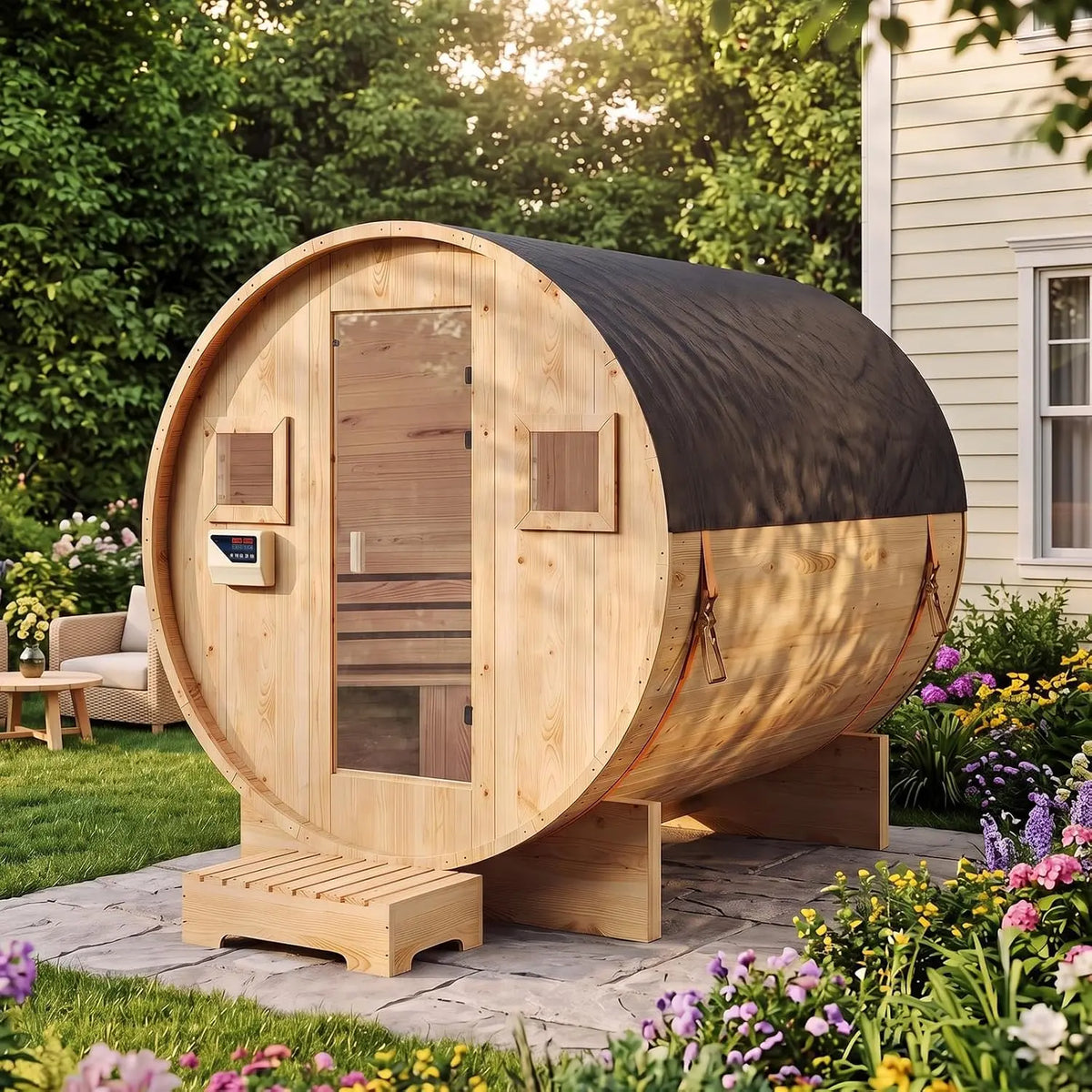 Outdoor Barrel Sauna - 4-6 Person Tradition Wood Dry＆Steam Sauna with Sauna Stone, 220V/6KW Electric Heater with Sauna Stone, Sauna Accessories