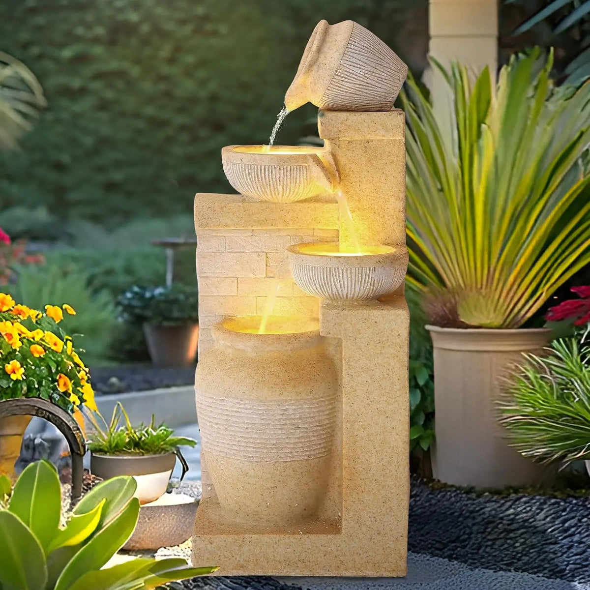 4-Tier Outdoor Indoor Water Feature Fountain - 32 Inch H Indoor Cascading Waterfall with 3 LED Lights, Floor Standing Garden Fountain for Garden, Deck