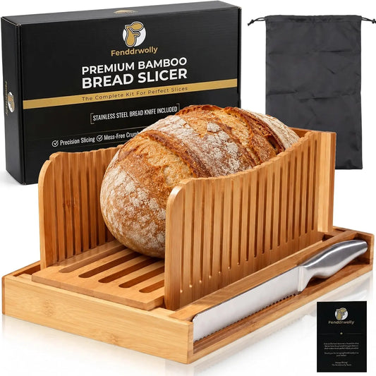 Bamboo Bread Slicer for Homemade Bread - Foldable Loaf Cutter with Serrated Steel Knife, Crumb Tray & Adjustable Thicknesses for Sandwich Bread