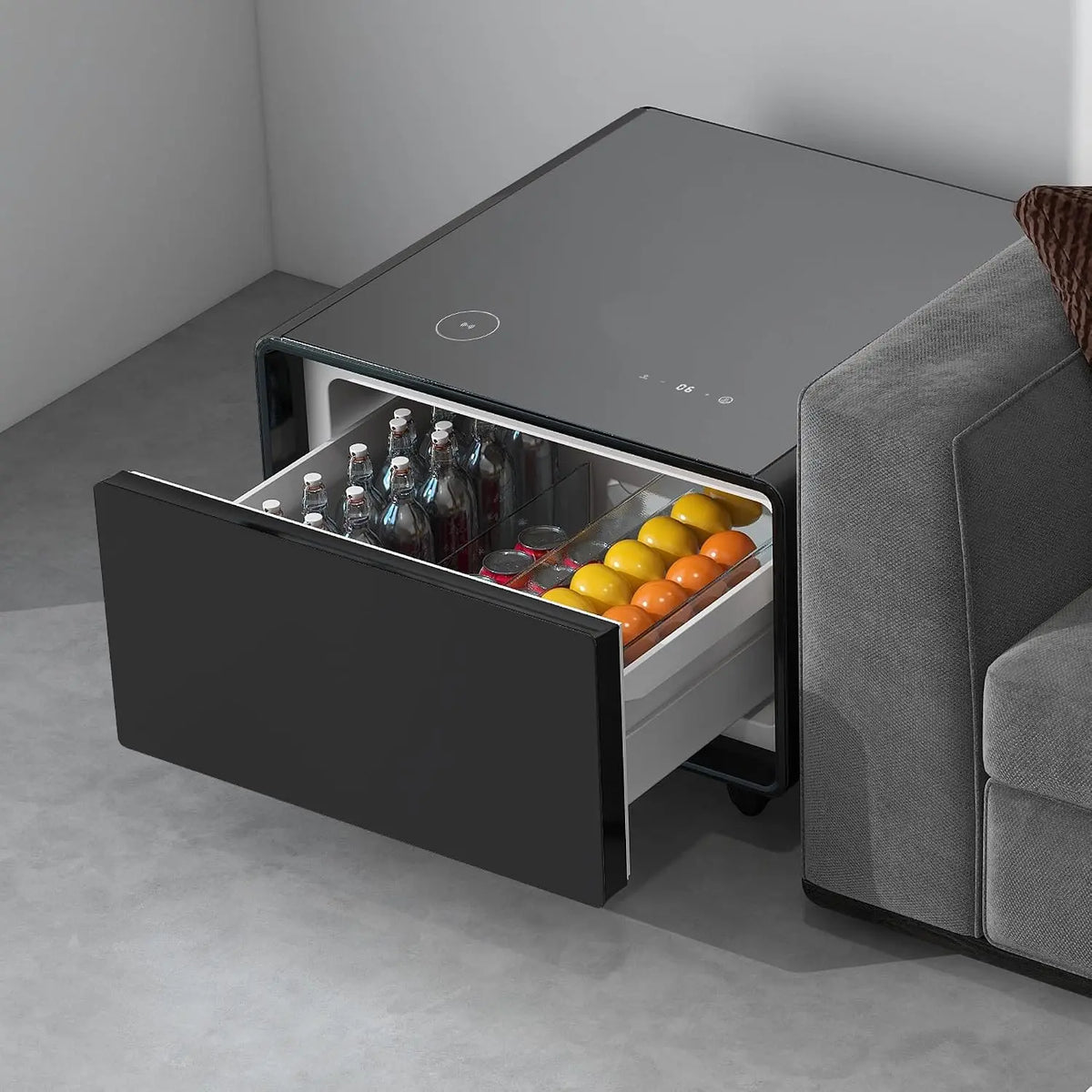 LUMISOL Smart Side Table with Built-in Fridge - Wireless Charging, Temperature Control, Power Socket, USB Ports, Outlet Protection, Induction Light