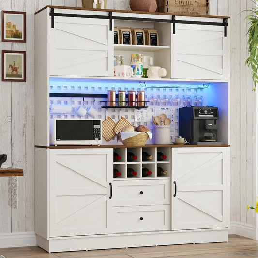 75Tall 63W Extra Large Farmhouse Kitchen Storage Pantry Hutch Cabinet w/Power Outlet - Pegboard, Coffee Bar Cabinets, LED Light, Microwave Shelf