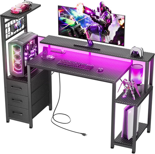 Korfile 48 Inch Gaming Desk with Power Outlet - LED, Carbon Fiber Black Finish