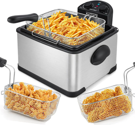 Secura 4 Liters / 17-Cup Stainless-Steel 1700-Watt Electric Deep Fryer with Timer Free Extra Odor Filter - Triple Basket, 4.5 Quarts, Silver