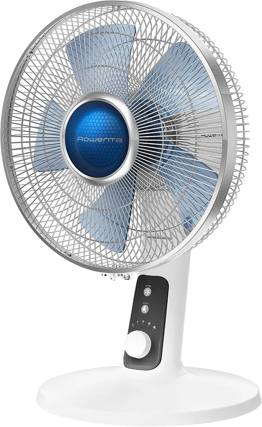 Rowenta - Desk Fan, Turbo Silence Table Fan, 12 Inch, Ultra Quiet Fan for Bedroom, Oscillating, Portable, 4 Speeds, Manual Turn Dial, White, Indoor