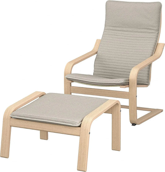 Ikea POÄNG armchair and footstool - white stained oak veneer/Knisa light beige