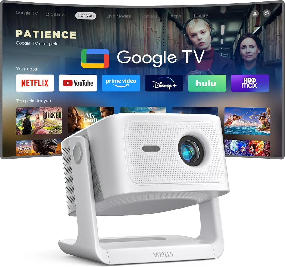 【Official Licensed Google TV】4K Smart Projector with WiFi and Bluetooth - VOPLLS Outdoor Projectors with 50W Dolby/AI Auto Focus