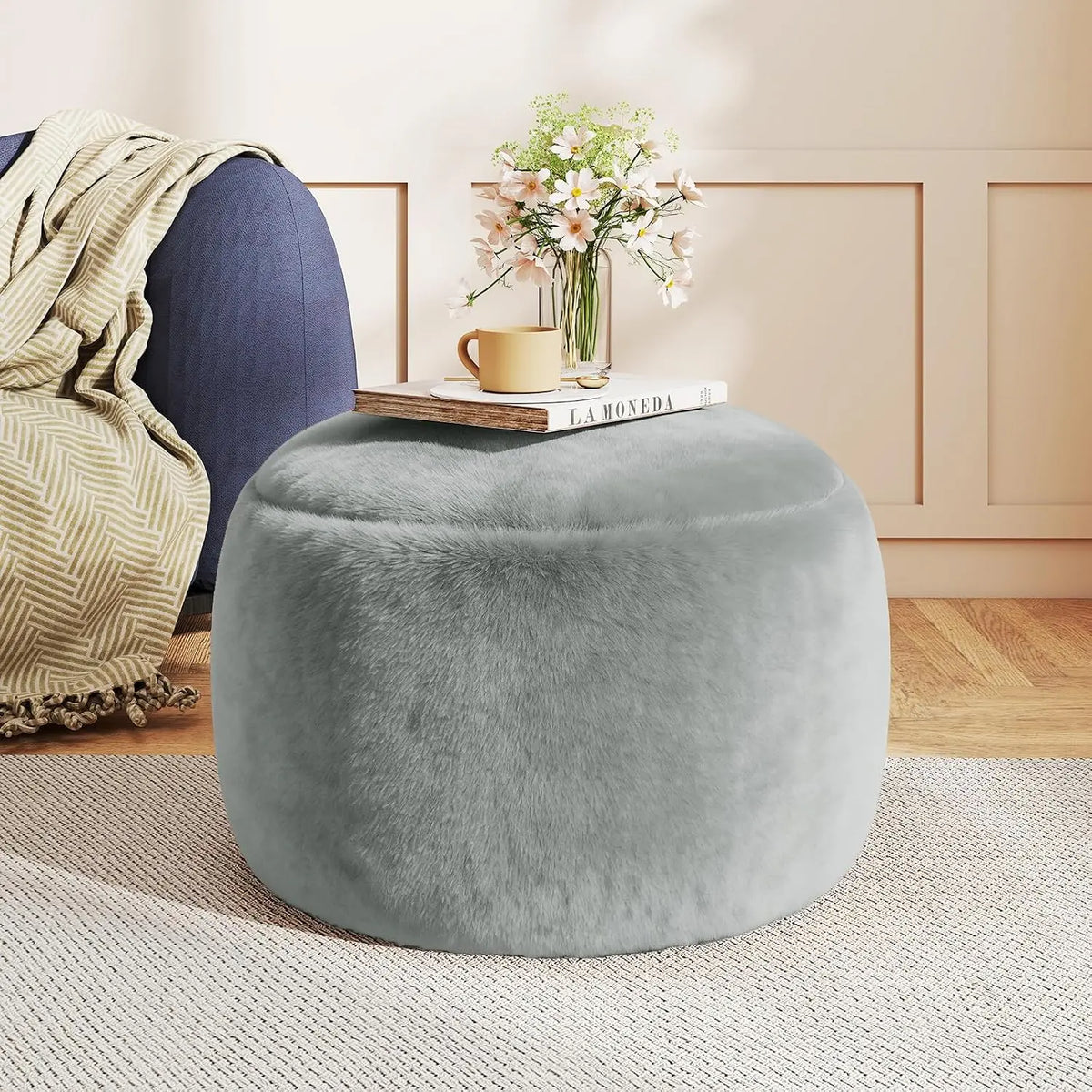 Round Stuffed Pouf Ottoman Foot Rest - Faux Fur Poufs with Memory Foam Filling, Ottomans for Living Room, Nursery, Dorm, for Resting Your Feet, Gray