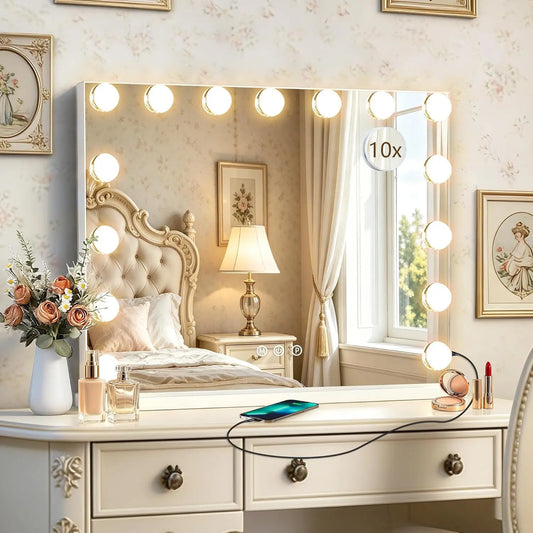 Ratsamee Hollywood Vanity Mirror with Lights - 23 Inch x 18 Inch, 15 Dimmable Bulbs, 3 Color Lights, Make Up Lighted Mirror, USB Charging Port