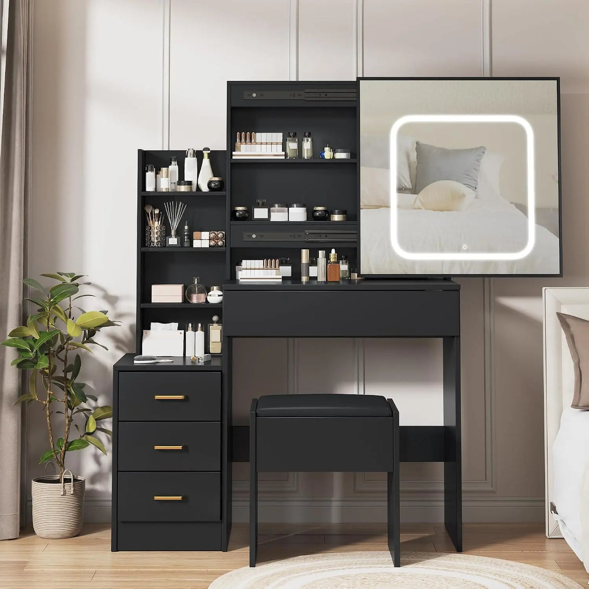 Garvee Vanity Desk with Sliding LED Mirror - Makeup Dressing Table with 4 Drawers, Storage Shelve, Power Outlet & Cushioned Stool, Black