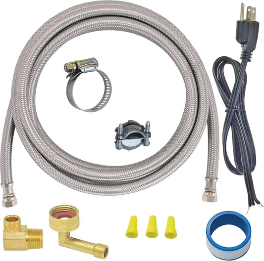 Eastman 6 Ft. Dishwasher Installation Kit - Braided Stainless Steel Supply Line with 3/8 Inch Compression Ends, 3-Prong Straight Power Cord, 41150
