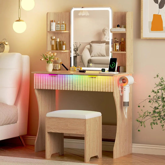 Vanity Desk with LED Lights Mirror & Power Outlet - Small Makeup Vanity Table Set with Storage Drawers & Chair, Dressing Table for Women Girls Bedroom