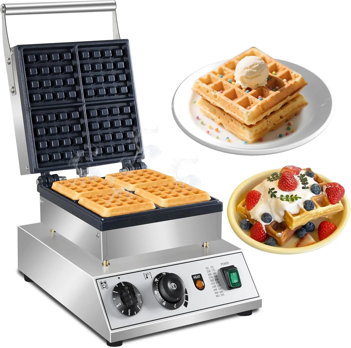 1600W - Commercial 4-Slice Square Belgian Waffle Maker