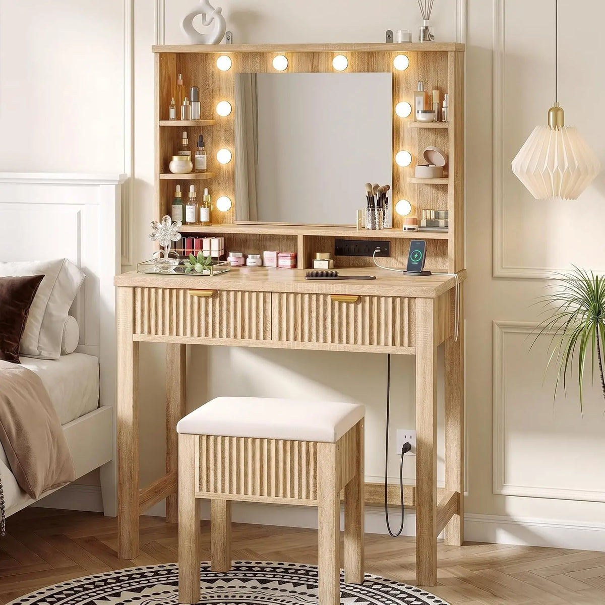 Homkdom Vanity Desk with Charging Station and Mirrors - Vanity Stool, Oak
