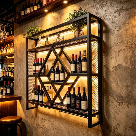 Wall Mounted Wine Rack with LED Light - 39.4in Industrial Metal Wine Bottle Display Shelf with Wine Glass Holder, Large 3 Tier Floating Bar Shelves