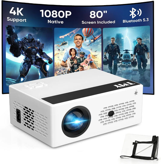 TMY Native 1080P Mini Portable Projector - 2-way Bluetooth, with 80in Screen