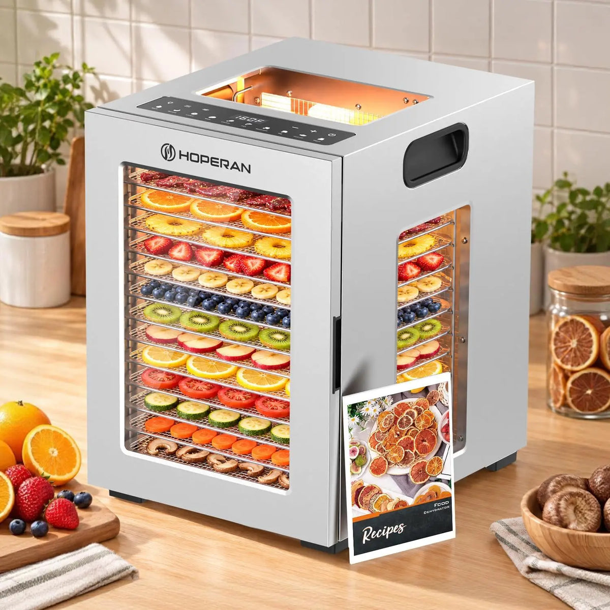 HOPERAN 12-Tray Food Dehydrator with 10 Presets - Stainless Steel, 840W