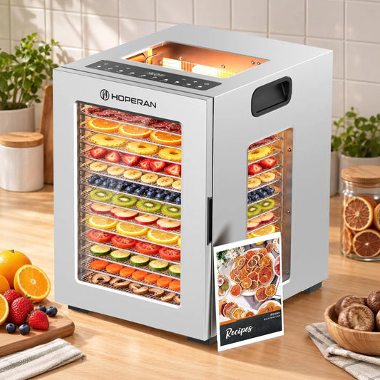 HOPERAN 12-Tray Food Dehydrator with 10 Presets - Stainless Steel, 840W