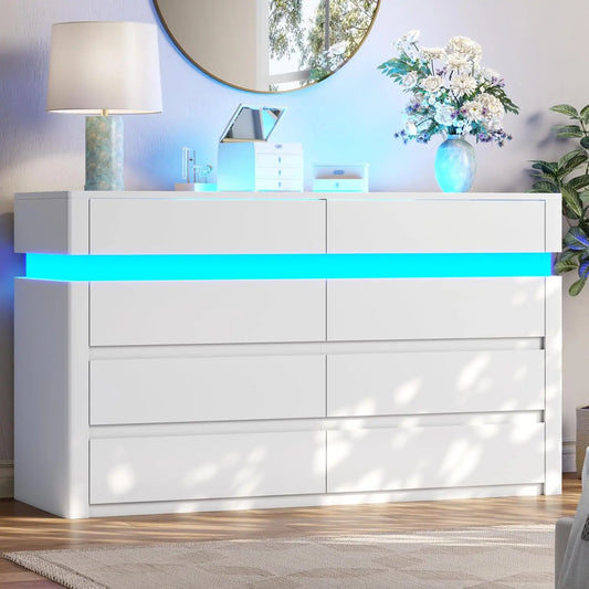 8 Drawer Dresser with LED Lights - White Dresser for Bedroom with Glass Top