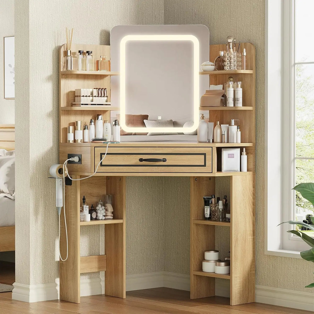Corner Makeup Vanity Desk with LED Mirror and Charging Station - Natural Oak