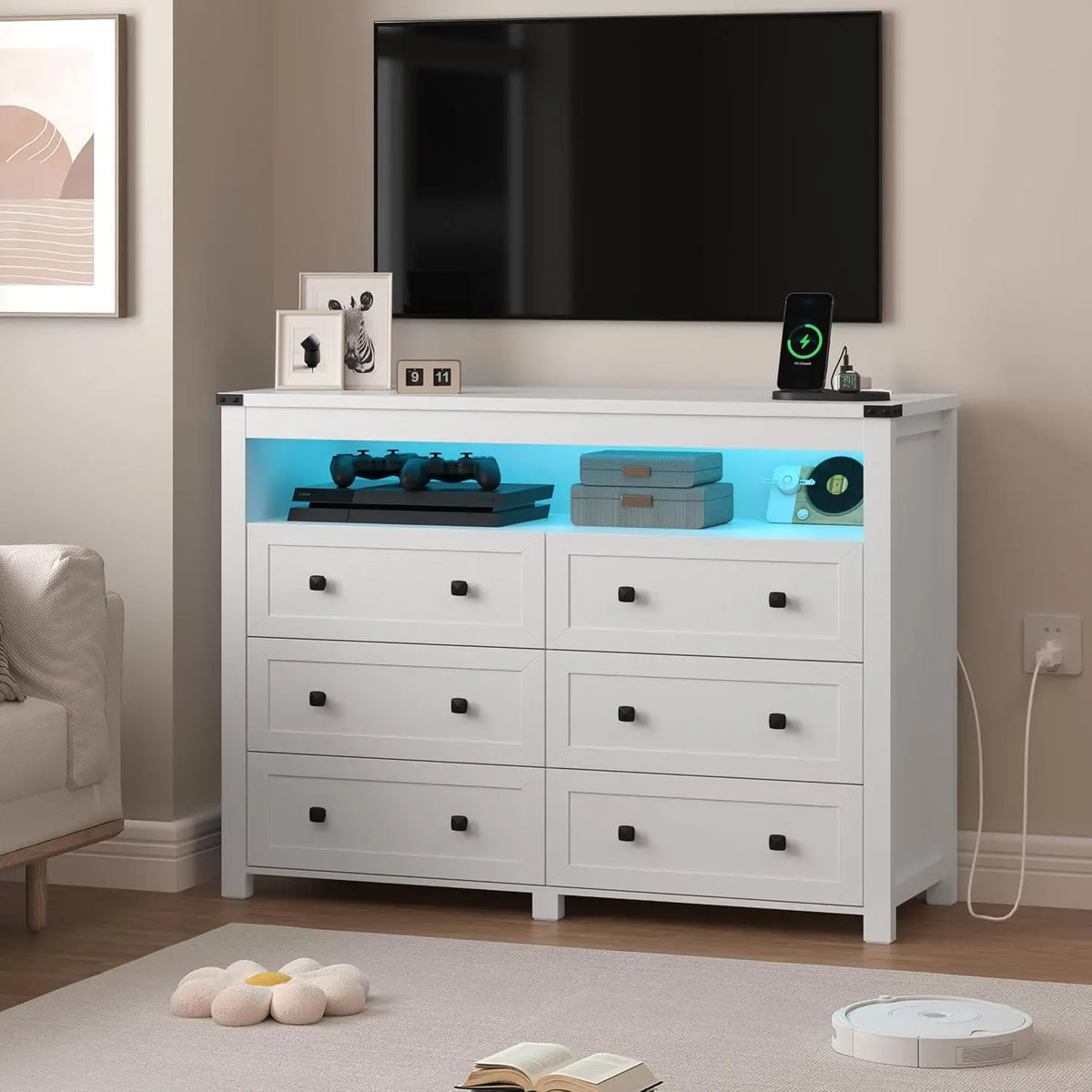 Wodeer White Dresser 6 Drawer Dressers for Bedroom with LED Lights - Charging Station, Wood Chest of Drawers with Metal Handles, Hallway, Entryway