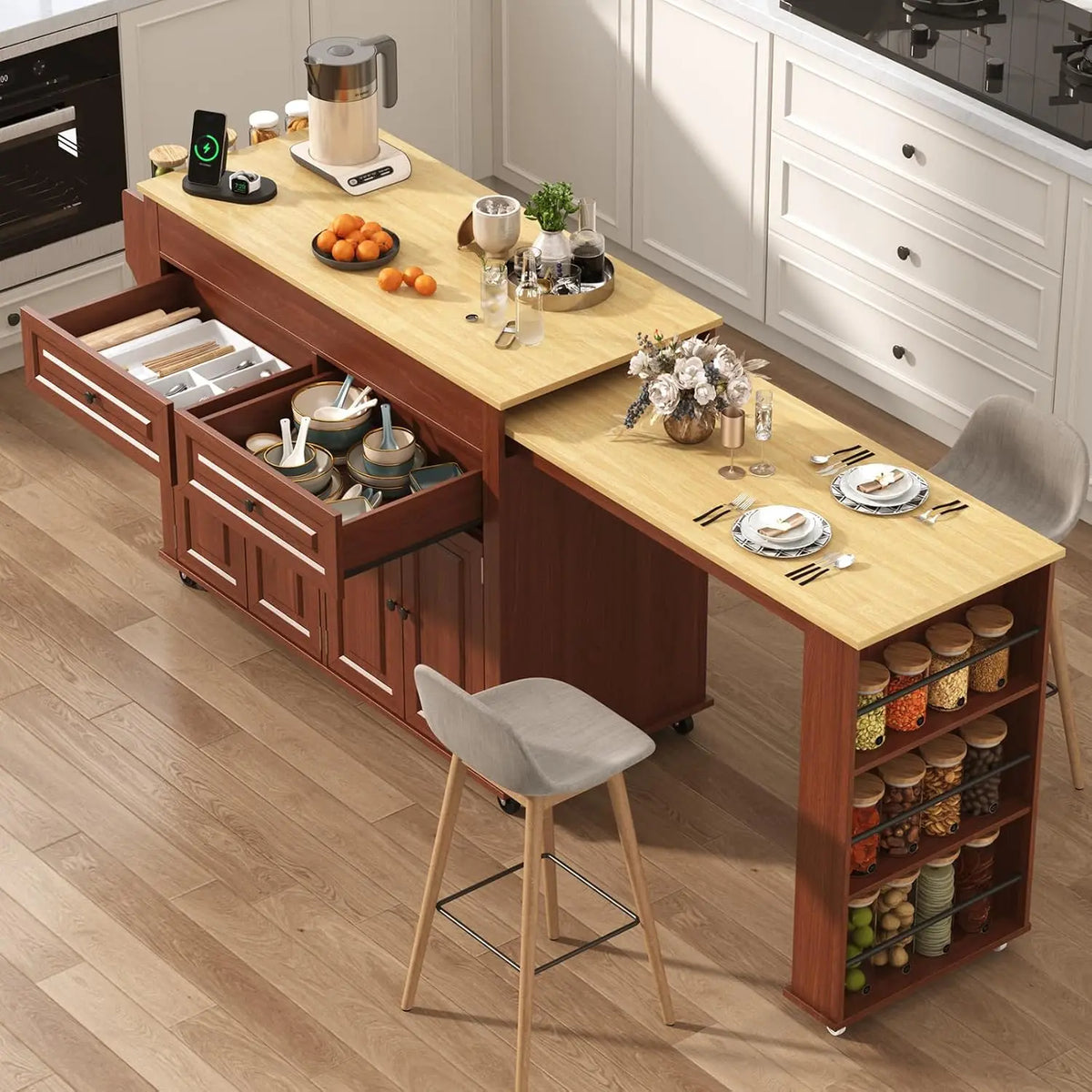80-48 Inch Extendable Kitchen Island with Extended Dining Table and Power Outlet - Large Mobile Kitchen Storage Islands with 2 Storage Drawers, Brown