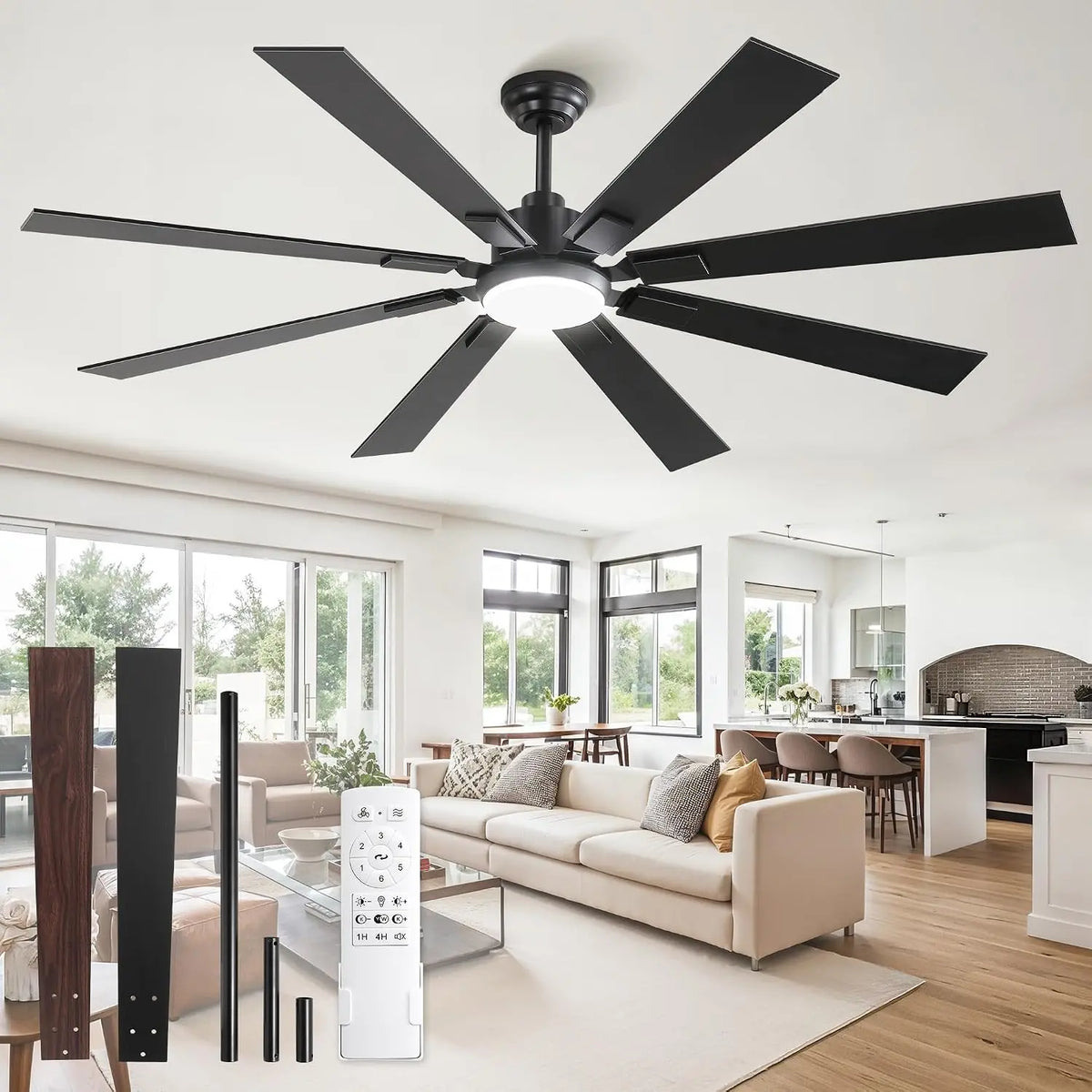 ZMISHIBO 65 Inch Black Ceiling Fan with Dimmable 3000-6000K Light and Remote