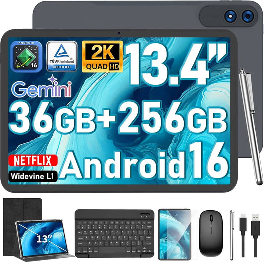 13 Inch Tablet with Keyboard - Android 16 Tablet, 36GB+256GB+2TB, Black