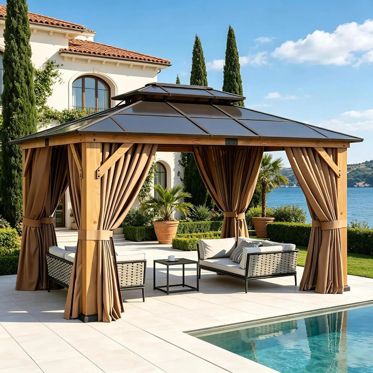 Aoxun 10' x 12' Wood Gazebo with Double Polycarbonate Roof - Natural