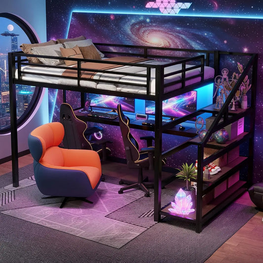 Bellemave Full Loft Bed with Desk and Storage Stairs - Metal Loft Beds with LED Lights, USB Ports, Multifunctional Iron Nets, Black