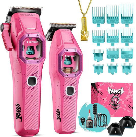 SUPRENT Fangs Professional Barber Clippers - High-Performance 13, 000 RPM Vector Motor Hair Clipper Barber Trimmer Set, Patented U-Teeth Blade, PINK