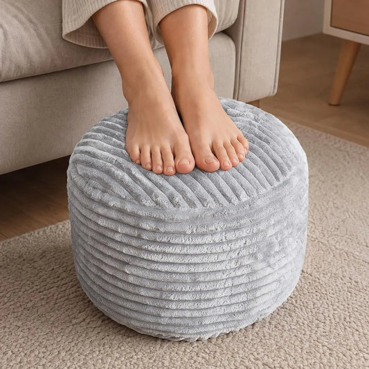SHOUREN Stuffed Round Ottoman - Pouf Ottoman Foot Rest, 18 X 14, Light Gray