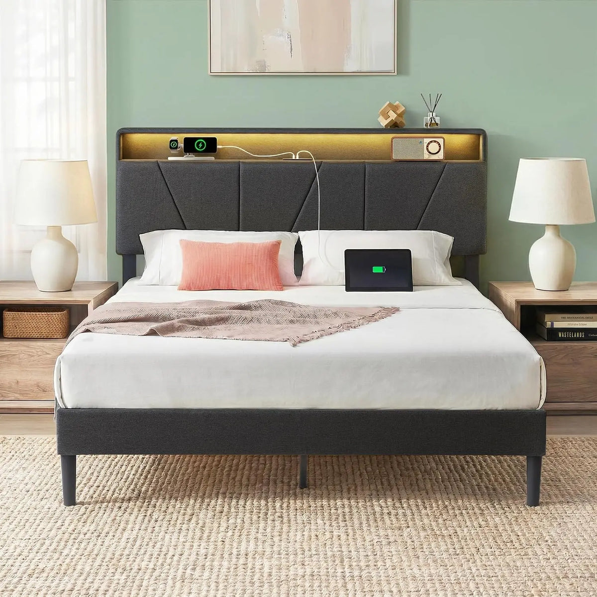 Zinus Maya Upholstered Platform Bed Frame - RGB LED Lights, Full
