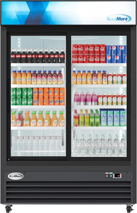 KoolMore MDR-2D-GSLD Commercial Glass 2 Door Display Refrigerator Merchandiser - Upright Beverage Cooler with LED Lighting, 45 Cu. Ft., Black