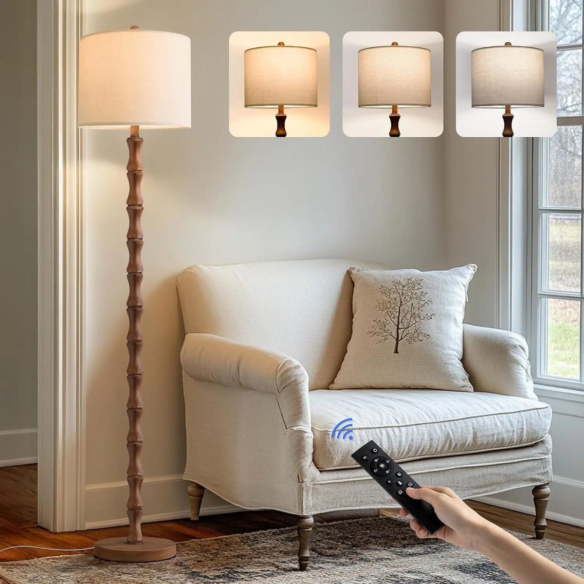 BOBOMOMO 62 Inch Rustic Farmhouse Floor Lamp with Remote & Dimmable 9W Bulb - 3 Color Temperatures Tall Resin Standing Lamp, Bedroom, Office, Nursery
