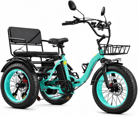 KAKIGO Electric Tricycle with Passenger Seat - Peak 1350W Two Seater Electric Tricycle for Adults, 48V 15.6Ah 2 Seater Electric Trike