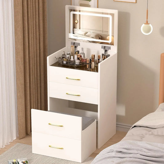 3 in 1 Vanity Desk with Plip Top Mirror and Lights - Compact Vanity Set with Visible Glass Desktop, Small Makeup Vanity Table with 3 Drawers, White