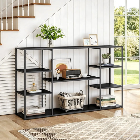 55 Inch Metal Console Table with 8 Storage Shelves - Extra Long Entryway Table, Narrow Sofa Table, Hallway Table for Entrances to Corridor, Foyer