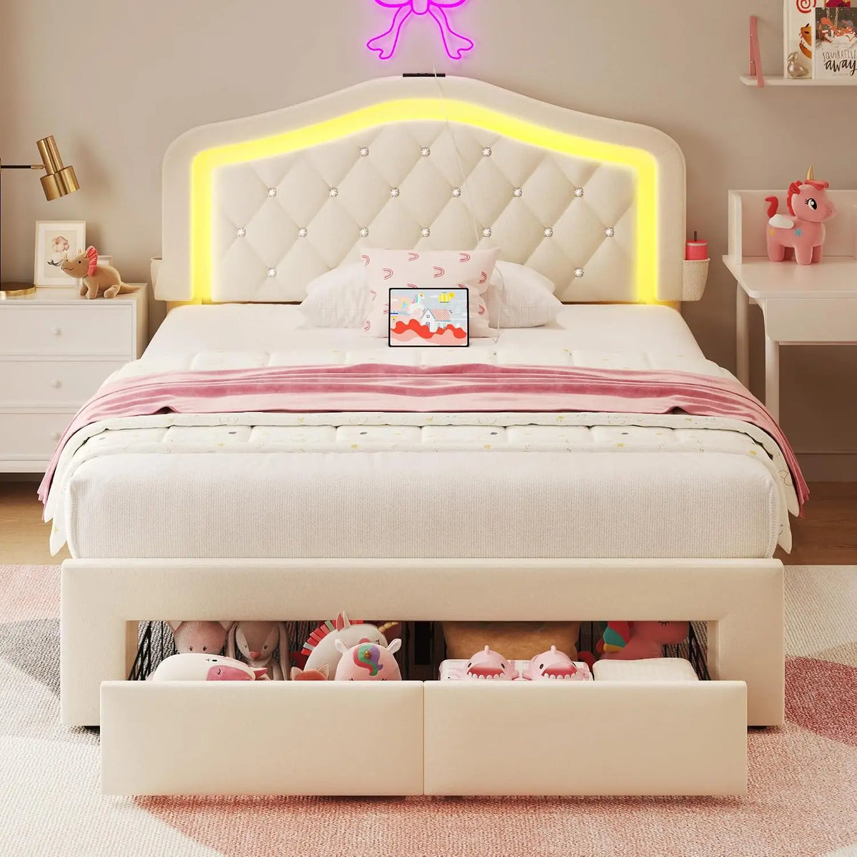 HISOFT Full Bed Frame with Adjustable Tiara Headboard - Velvet Upholstered Platform Bed with Storage Drawers & USB Charging Station & LED, Noise Free