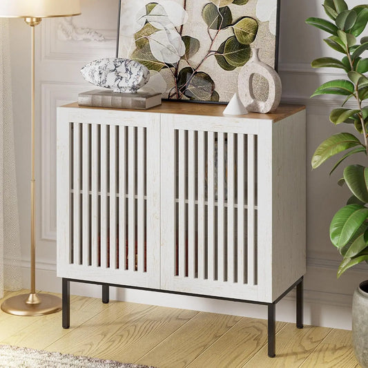 BVIUNTWO 31.5 Inch Farmhouse Buffet Cabinet with Metal Base - Adjustable Shelf & 2 Doors, Antique White Storage Sideboard for Kitchen