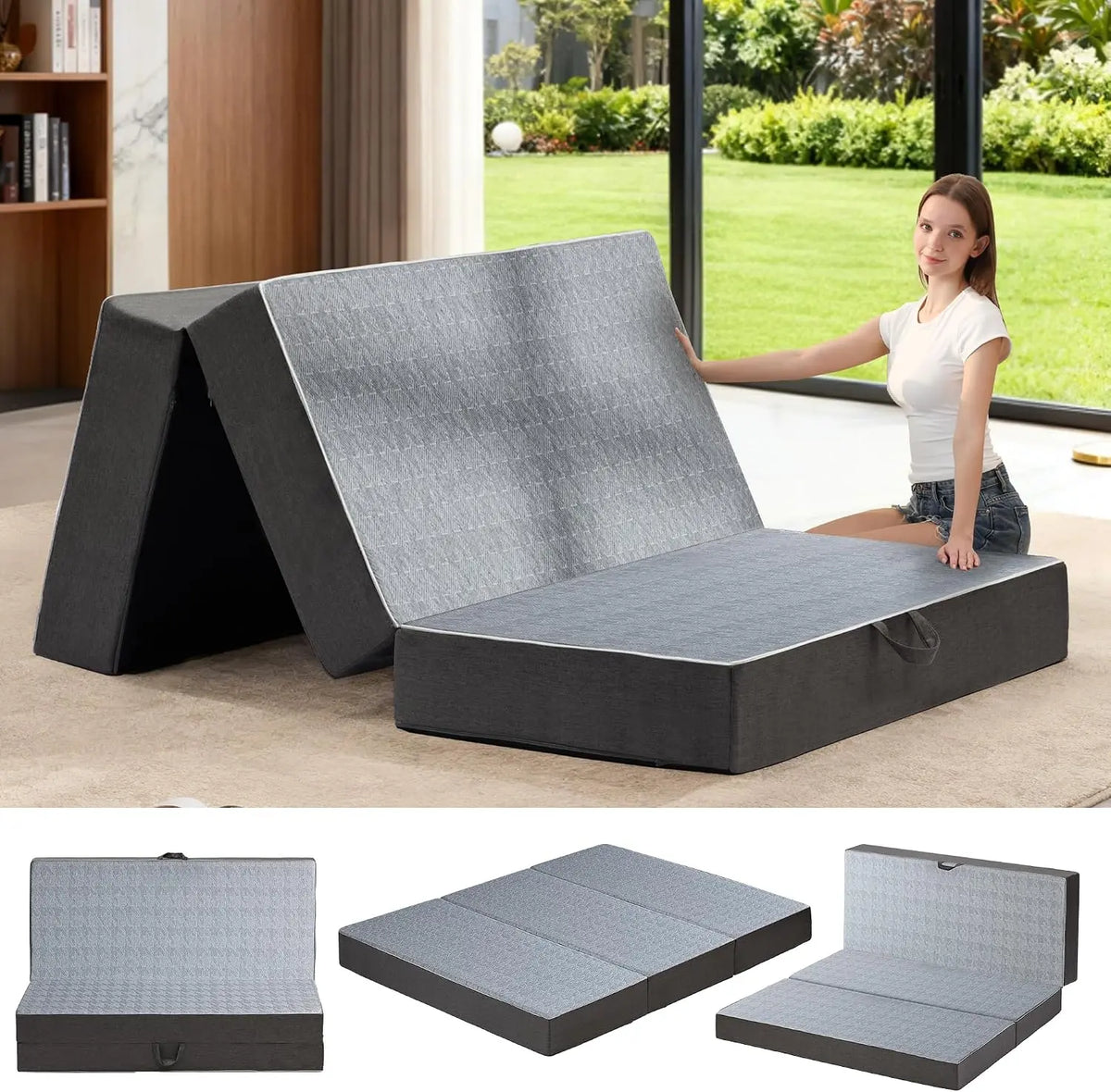 Tri Folding Mattress Twin Size - 6 Inch Dual-Layer Memory Foam Foldable Mattress Portable Futon Sofa Bed with Removable Washable Cover, Camping, RV