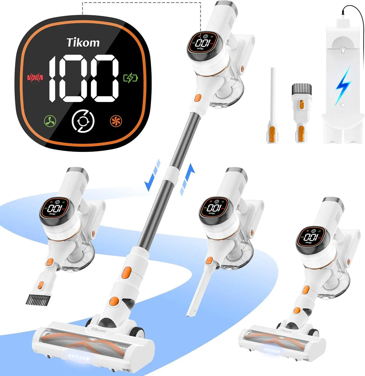 Tikom V500 Cordless Vacuum Cleaner for Home - 40000Pa/450W Stick Vacuum with LED Touch Screen, Charging Wall Dock, Anti-Tangle, Hard Floor, Carpet