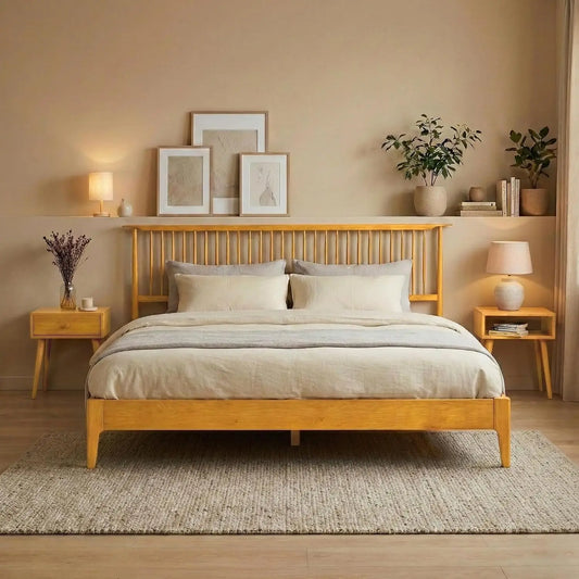 NTC Ruby Wooden Bed Frame with Headboard - Solid Wood Foundation with Silent Slats and Wood Central Supports, 1000 Lb Capacity, Effortless Assembly