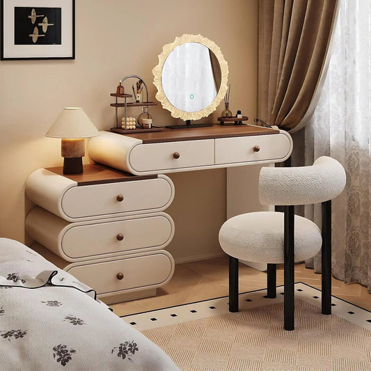 Leather Makeup Vanity with Walnut Veneer Top & 5 Drawers - 39.37''